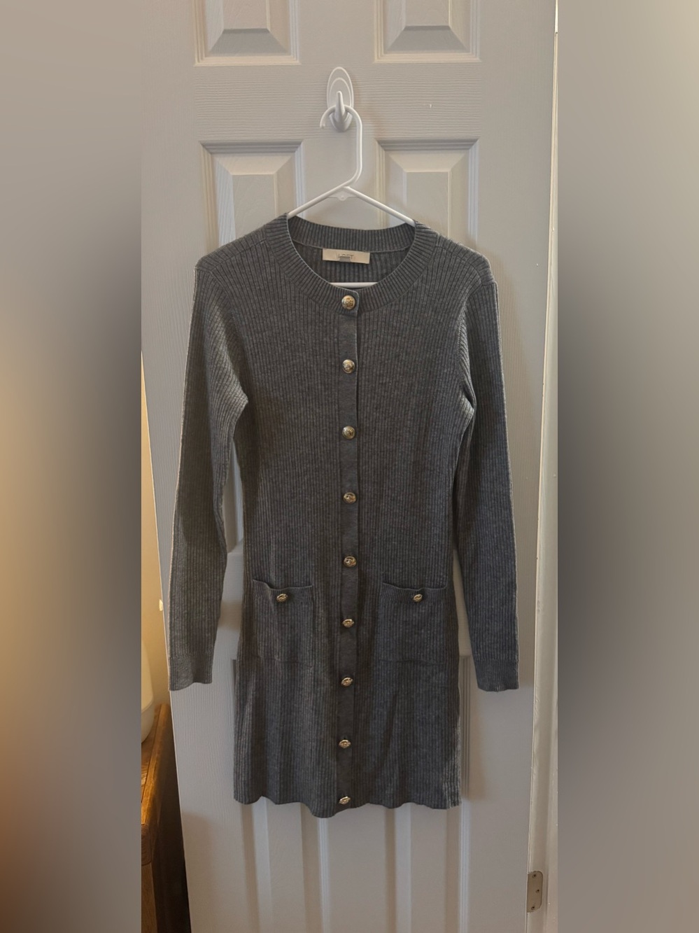 LOFT Long Ribbed Button-Front Sweater Dress - Gray